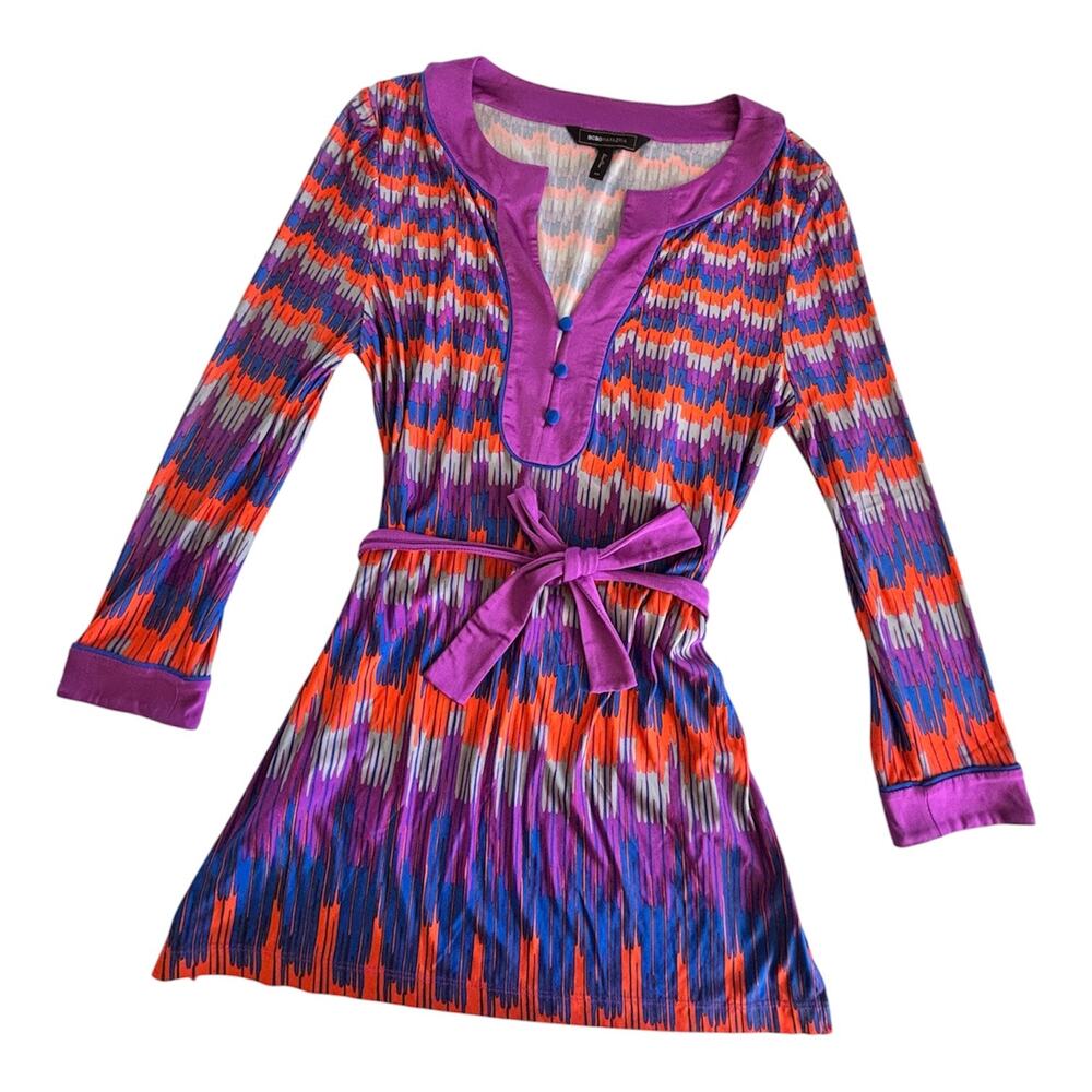 BCBGMAXAZRIA Vibrant Abstract Print Jersey Knit Tunic Blouse Womens XS Boho Twee